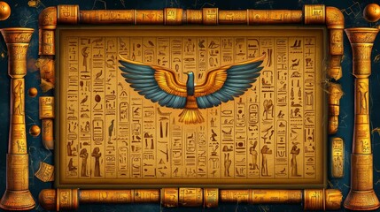 Magnificent ancient Egyptian papyrus sheet in an ornate frame with hieroglyphs and cultural symbols