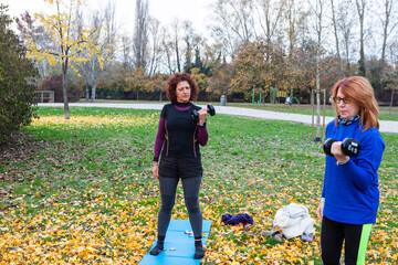 Women exercising with dumbbells in autumn park