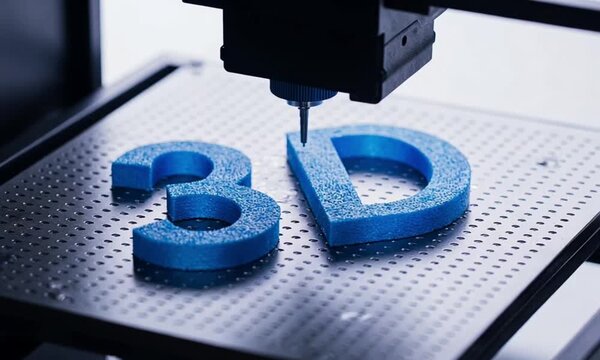 Modern 3D printer manufacturing blue textured '3D' letters, digital fabrication