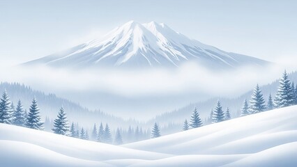 Snowy mountain landscape with pine trees and fog creating a serene winter wonderland scene view