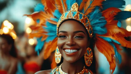 Festive Bahamian woman wearing an extravagant Junkanoo costume with colorful feathers and beads, leading a joyful street parade under bright lights with a cheering crowd. Banner, copy space