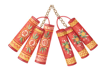 Firecrackers Watercolor Chain Chinese New Year 2026 vector illustration isolated on white background