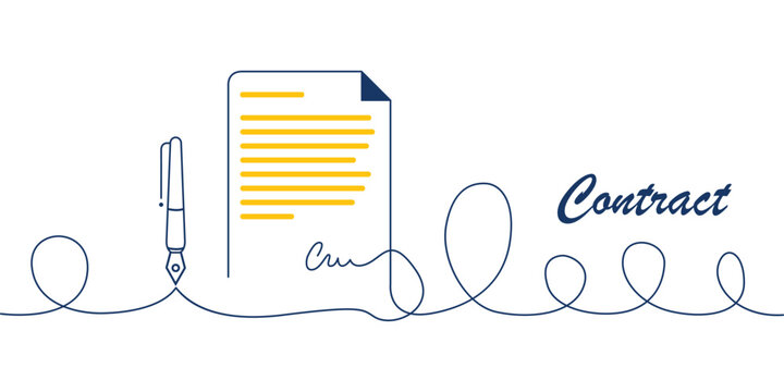Minimal continuous line art illustration of a contract document with signature and fountain pen, representing agreement, legal paperwork, and business signing