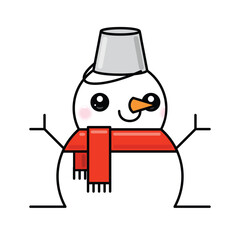 Cute Smiling Snowman with Red Scarf and Bucket Hat. Winter and Christmas Illustration.