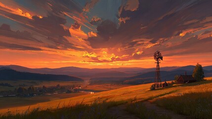 Colorful Pixel Art Sunset Over Rural Landscape