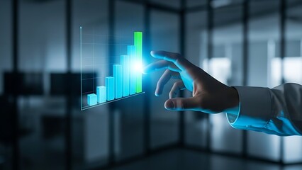 Hand interacting with a holographic bar graph showing upward growth in a modern office