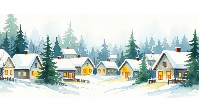 Watercolor painting of a snowy village with houses and trees in a winter landscape scene art style
