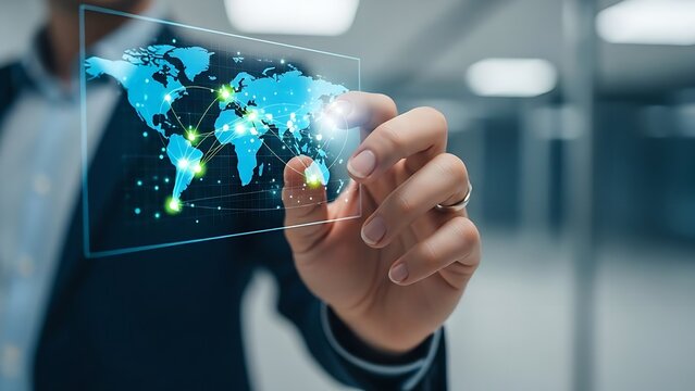 A person interacting with a digital world map on a transparent interface screen