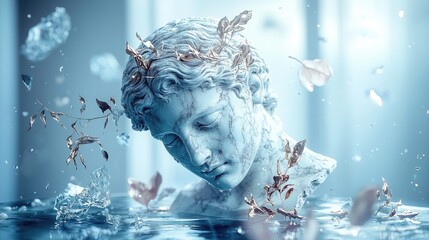 Fragmented Marble Sculpture of a Classical Head in Cerulean Liquid with Floating Debris and Delicate Leaves