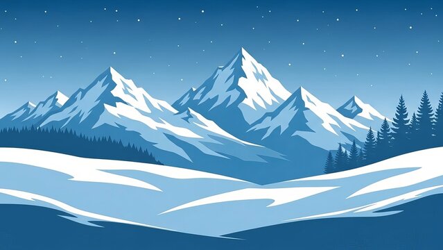 A winter landscape with snow covered mountains and pine trees under a starry blue sky illustration