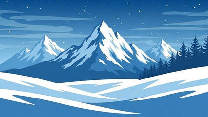 A winter scene with snow covered mountains and trees under a starry night sky in blue tones art