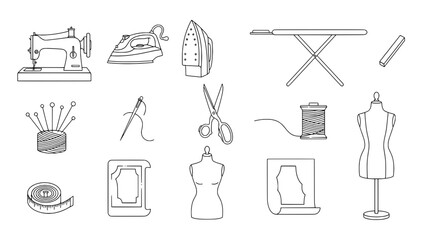 A Comprehensive Collection of 15 Black Outline Sewing and Tailoring Tools Icons, Flat Design on White Background