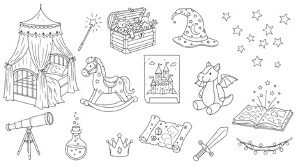 A Whimsical Collection of Fifteen Outline Fantasy, Adventure, and Nursery Elements for Kids