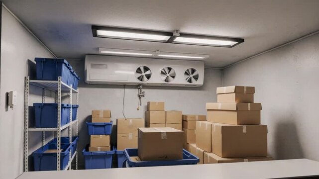 Cold room storage with cardboard boxes, blue crates, refrigeration unit