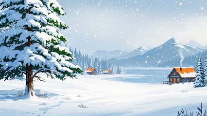 Winter landscape with snow covered trees and houses near mountains in a serene and peaceful setting