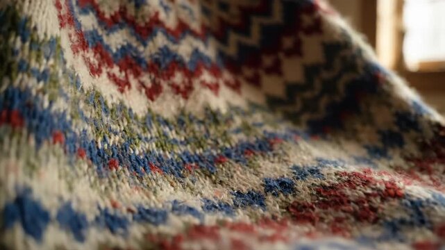 Cozy patterned sweater on chair in warm, inviting light