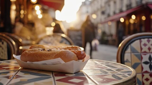 A close-up view of a steaming hot dog on a patterned caf? table in a bustling street, with people blurred in the background and warm sunlight casting a golden hue over the scene