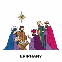 Epiphany Nativity Scene with Mary, Joseph, Baby Jesus, and Three Wise Men.