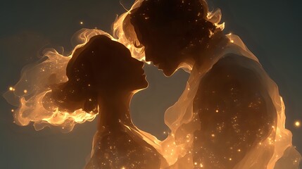 Silhouettes of loving couple surrounded by magical golden light and glowing particles, creating romantic atmosphere for Valentine's Day designs.