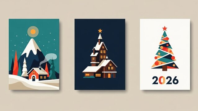 A cartoon landscape featuring snow covered mountains and evergreen trees under a cloudy blue sky