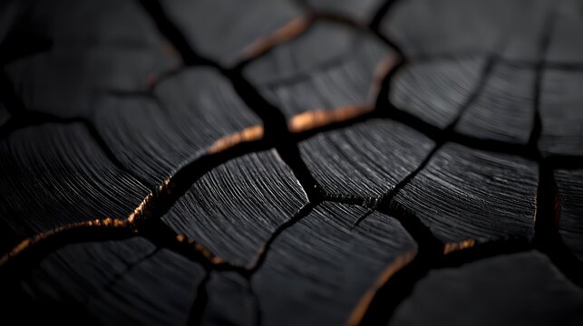 Charred wood surface with glowing embers in cracks, creating dramatic contrast between dark burnt texture and warm orange light for rustic design backgrounds.