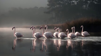 Flock of elegant flamingos wading in misty lake at dawn, with silhouettes of pine trees and reeds creating atmospheric wilderness landscape.