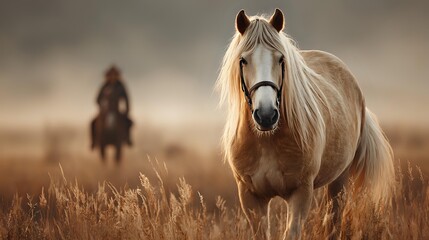Palomino horse with flowing mane standing in golden autumn field while silhouette of rider on horseback appears in blurred background during sunset.