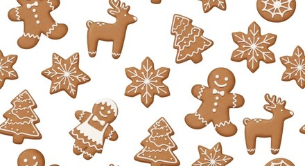 Festive Gingerbread Cookies Pattern on White Background Capturing Winter Holiday Spirit