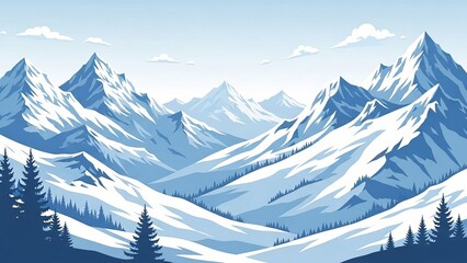 A cartoon landscape featuring snow covered mountains and evergreen trees under a cloudy blue sky