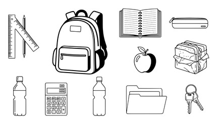 A collection of eleven simple, flat, black outline line art icons depicting school supplies and daily essentials on a white background.