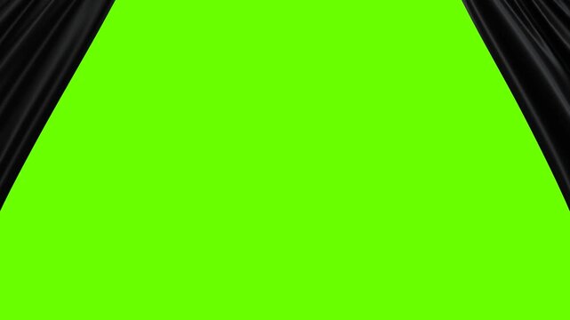 Black stage curtains opening and closing on a green screen