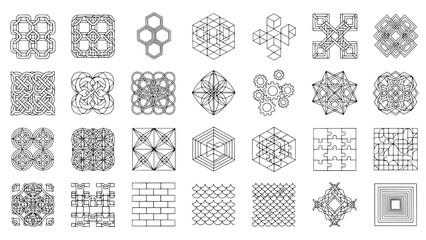 A comprehensive grid of 32 distinct black outline geometric and abstract patterns, including knotwork, isometric shapes, and textures, all on a white background.