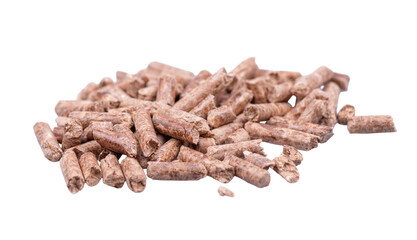 Pile of wood pellets isolated on white background