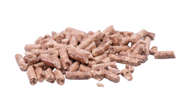 Pile of wood pellets isolated on white background
