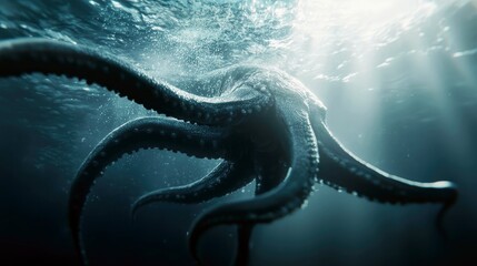 A large octopus swims gracefully through the deep ocean, illuminated by beams of sunlight filtering through the water.