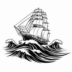Vintage tall sailing ship navigating stormy ocean waves illustration.