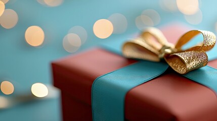Close-up of a red gift box with a blue ribbon and gold bow, set against a blurred bokeh background. The image evokes a sense of celebration and giving.