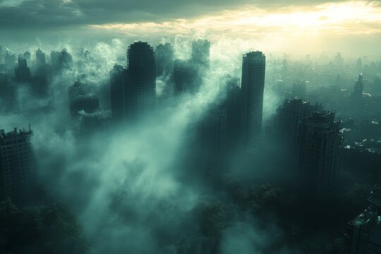 Foggy Skyline With Tall Buildings - Powered by Adobe