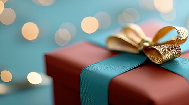 Close-up of a red gift box with a blue ribbon and gold bow, set against a blurred bokeh background. The image evokes a sense of celebration and giving. - Powered by Adobe
