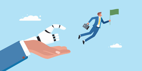 Robot hand offering support to businessman flying towards goal