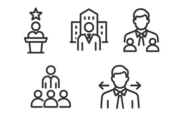 Leadership icons: businessman, teamwork, presentation, direction