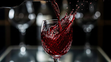 Pouring red wine from a bottle into an elegant crystal glass with a splash on dark background.