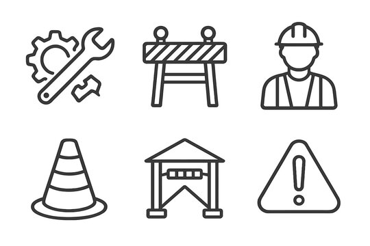 Set of construction and safety icons with tools and warning signs