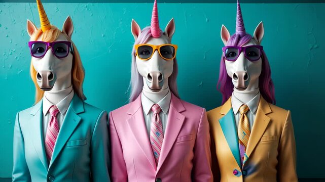 Unicorns in colorful suits and sunglasses posing confidently against turquoise background with vibrant fashion and surreal vibes