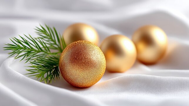 Close-up of golden Christmas ornaments and green sprigs arranged on white silk fabric, creating a festive and elegant composition. Soft lighting enhances the lu