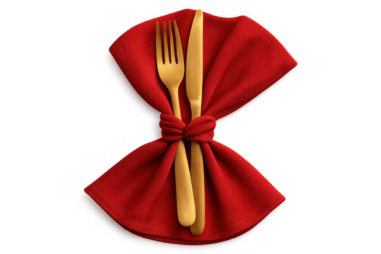 Wooden spoon fork knife wrapped in red napkin