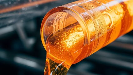 Pouring Golden Liquid From Transparent Tube Close-up Macro