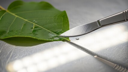 Bright Green Leaf Being Cut by Sharp Scalpel on Silver Surface