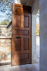 Closeup wooden door of historic stone building in Tarakli Sakarya