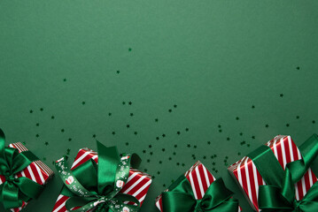 Merry Christmas and Happy Holidays greeting card, frame, border. New Year. Red Christmas ornaments...